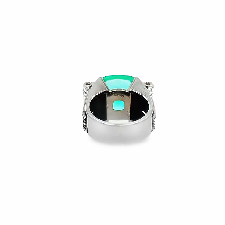 View from the back of the cushion cut emerald ring.