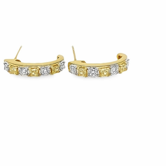 Yellow and White Diamond Half Hoop Earrings