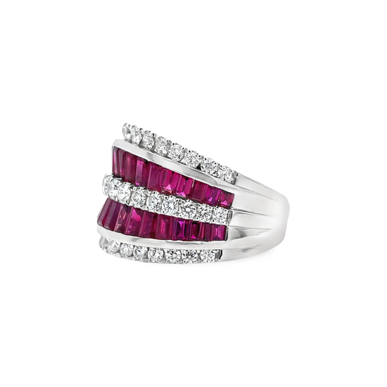 Charles Krypell Baguette Ruby and Round Diamond Striped Ring
