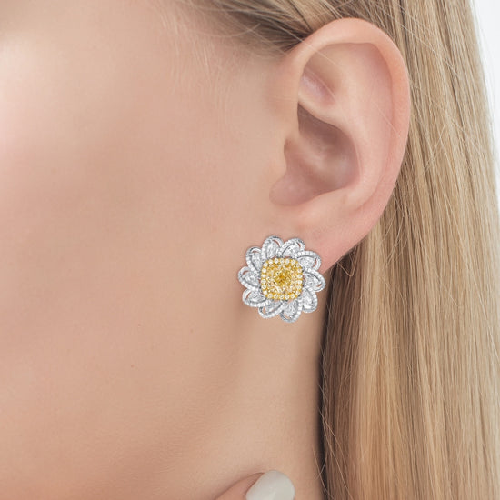 Yellow and White Diamond Floral Clip On Earrings
