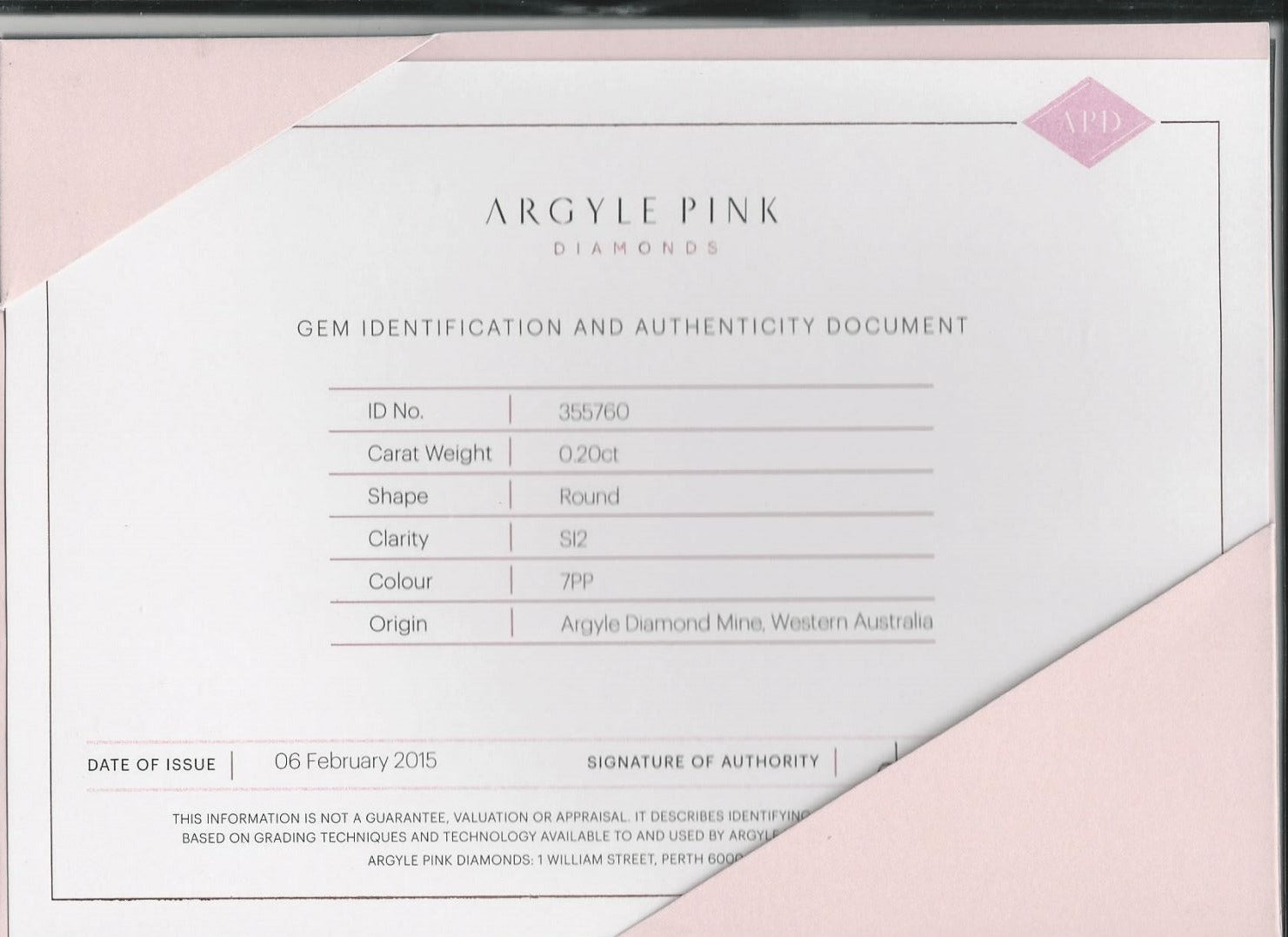Certificate of authenticity for Argyle Pink Diamonds, issued 2015.