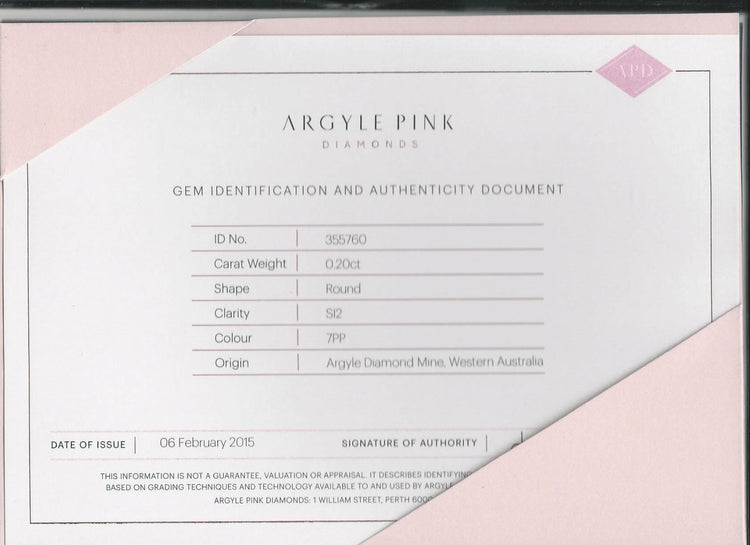 Certificate of authenticity for Argyle Pink Diamonds, issued 2015.