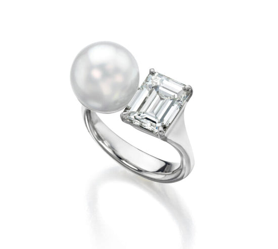 South Sea Pearl and Emerald-Cut Diamond Ring