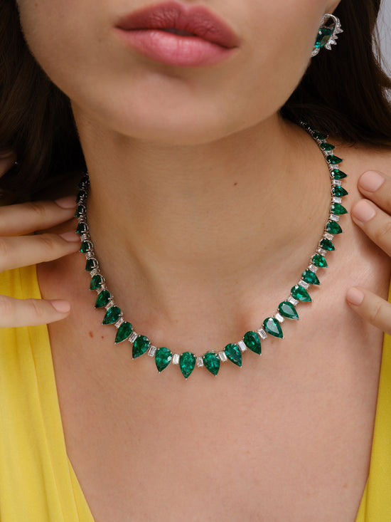 Pear Shaped Emerald and Emerald Cut Diamond Necklace