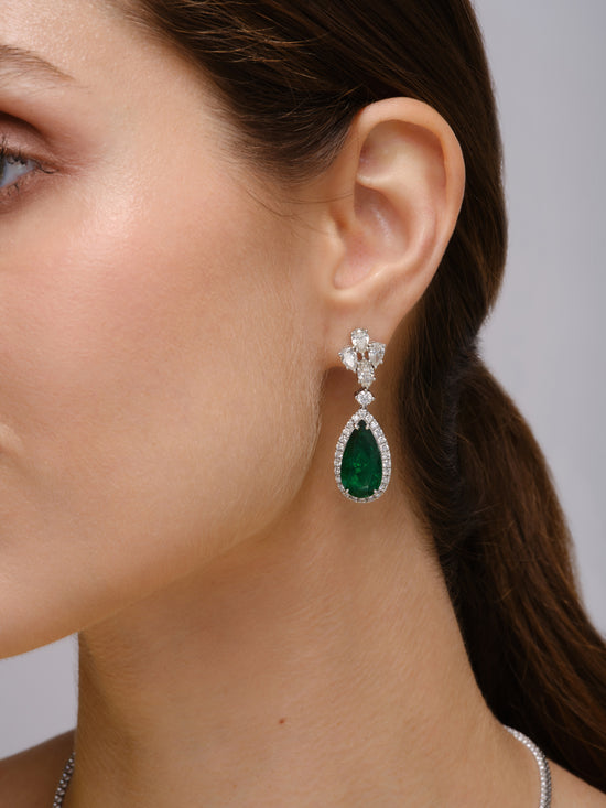 Pear Shaped Emerald and Diamond Drop Earrings