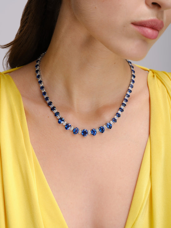 Oval Cut Diamond and Sapphire Necklace