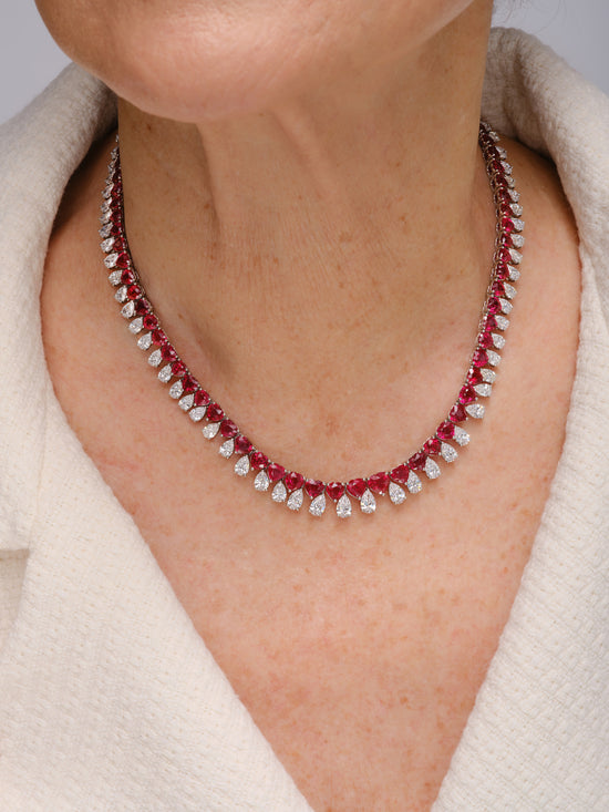 Hear Shaped Ruby onand Pear Shaped Diamond Necklace