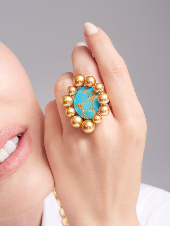 Sand and Sea Golden South Sea Pearl and Turquoise Ring