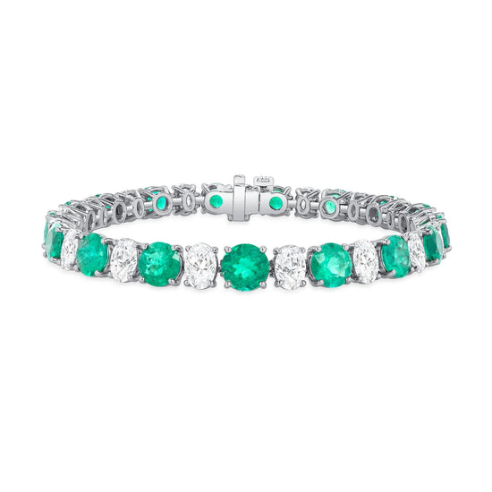 Round Green Emerald and Oval Diamond Bracelet