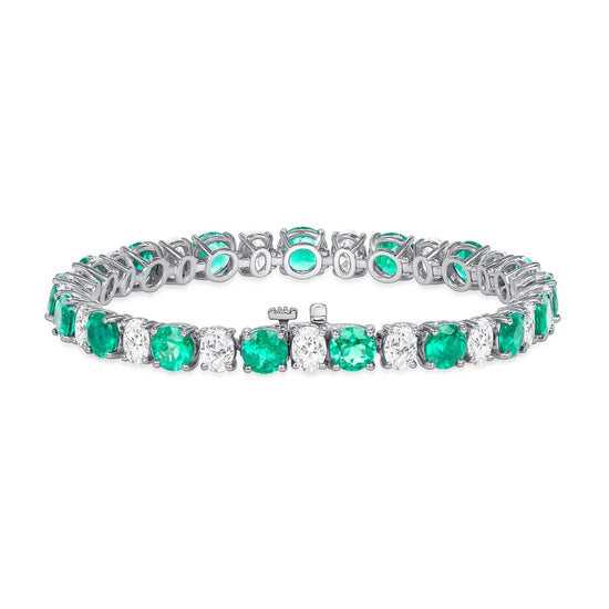 Round Green Emerald and Oval Diamond Bracelet