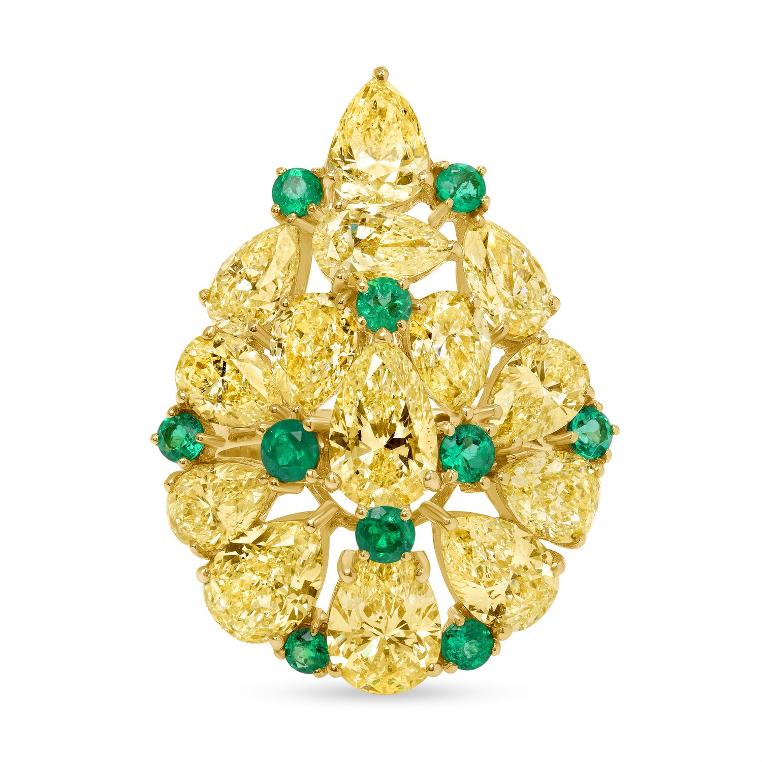 Close up of the Fancy Yellow Diamond and Emerald Ring. Featuring 14 pear-cut fancy yellow diamonds and 10 round green emerald gemstones set in 18k yellow gold.
