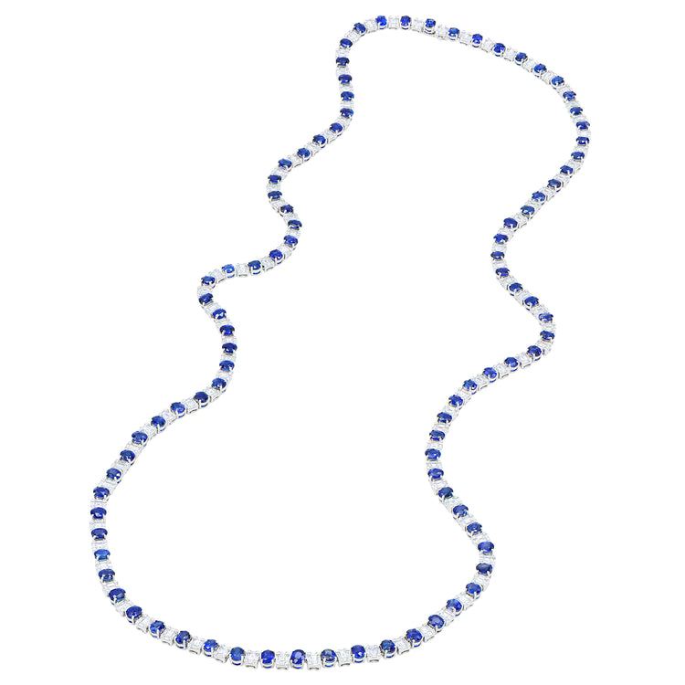 Close up view of the 33-inch sapphire and diamond tennis necklace. Featuring alternating blue sapphires and sparkling white diamonds.