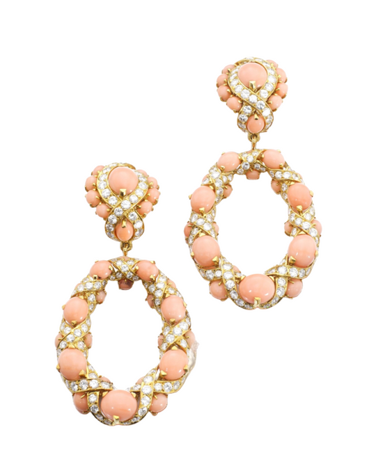Elaborate Pink Coral and Diamond Earrings