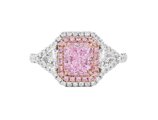 J Fine Radiant Fancy Pink-Purple Three Stone Diamond Ring