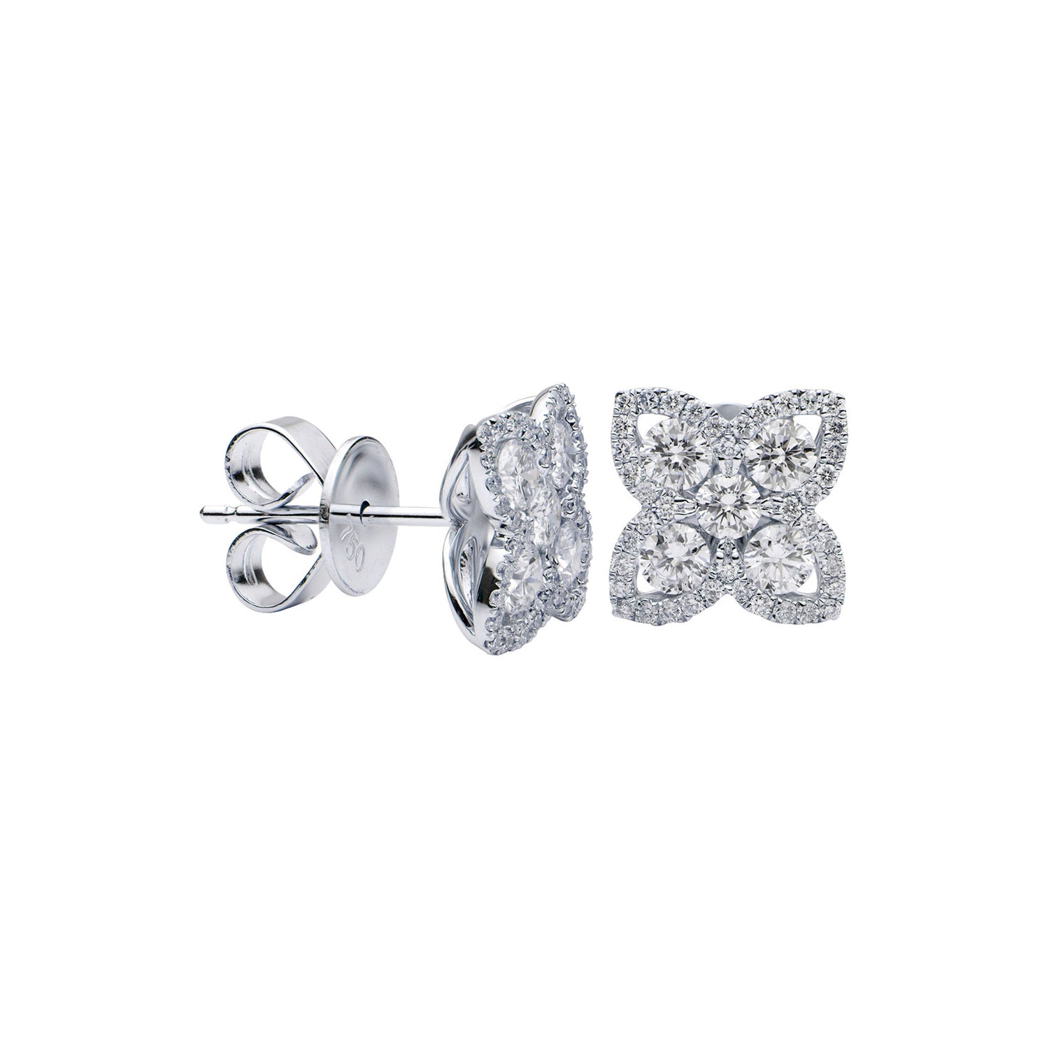Flower stud earrings featuring clusters of round diamonds on 18K white gold