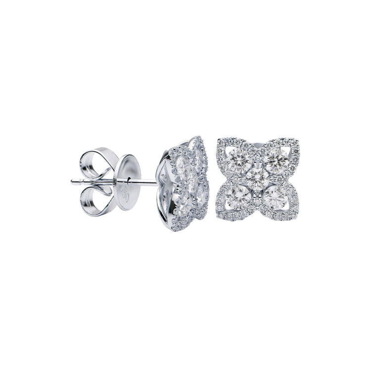 Flower stud earrings featuring clusters of round diamonds on 18K white gold