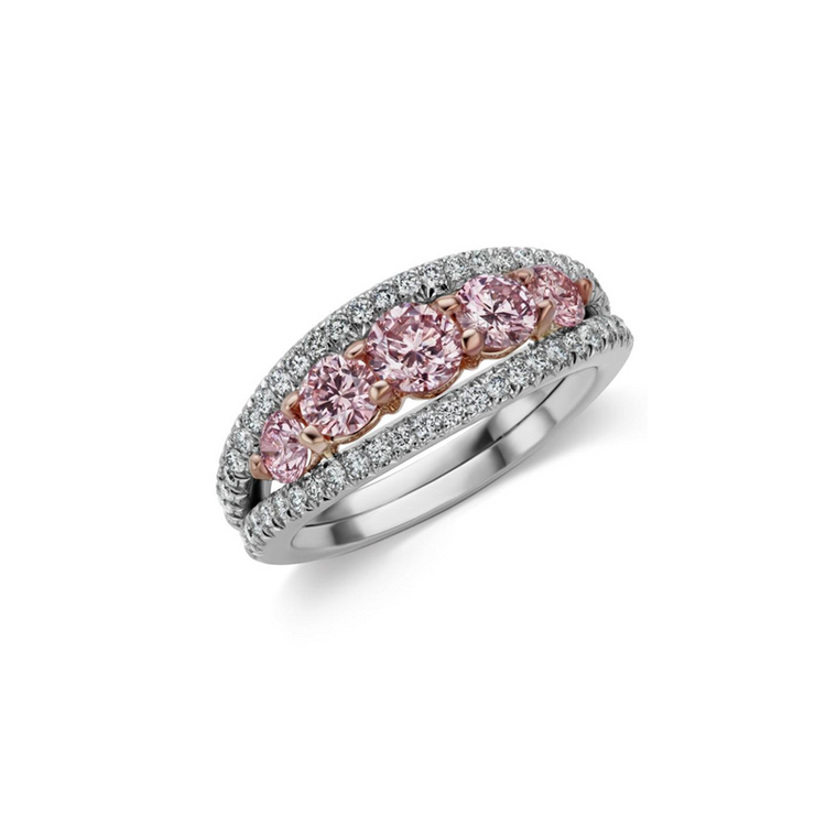 Traditional ring with five argyle pink diamonds and 0.43 ct of brilliant round white diamonds
