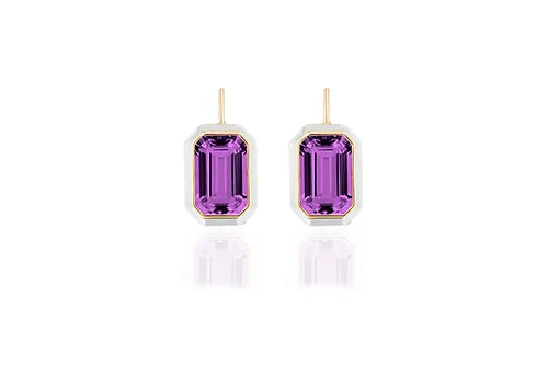 18K yellow gold vibrant emerald-cut amethyst earrings with white enamel border
