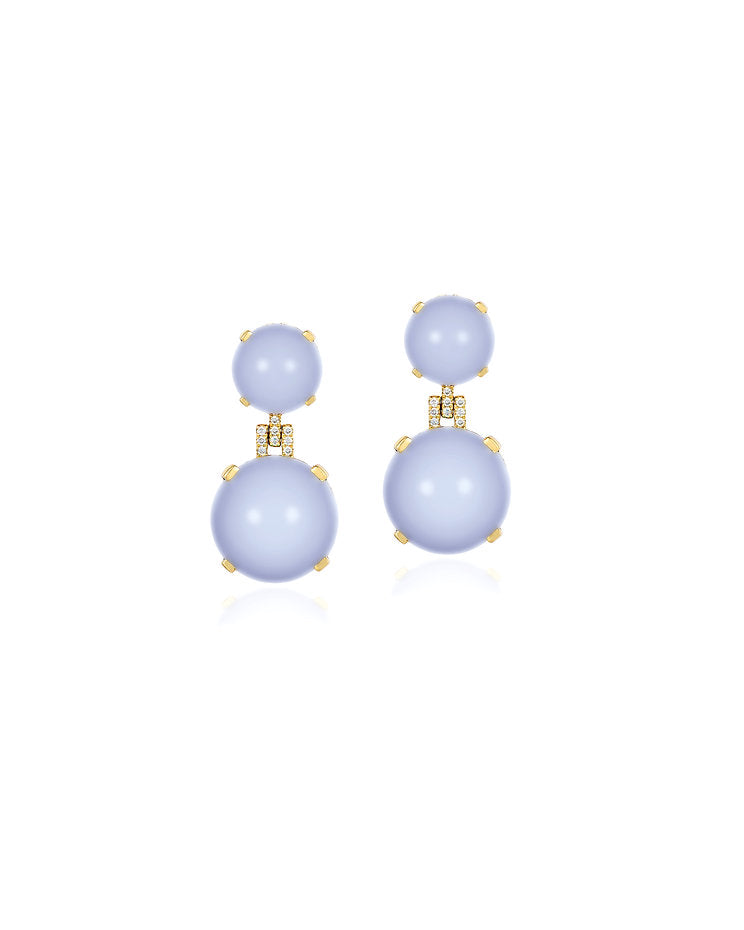 Blue chalcedony cabochon ball earrings on 18K yellow gold with 0.11 carats of diamond embellishment