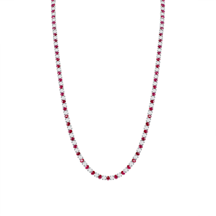 Slim 18K white gold necklace with 50.65 ct of vibrant rubies and sparkling white diamonds