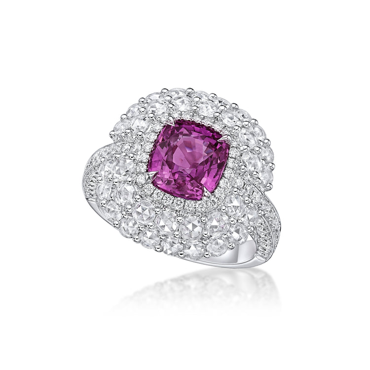18K white gold ring with a 3.24 ct pink sapphire center and white diamond frame