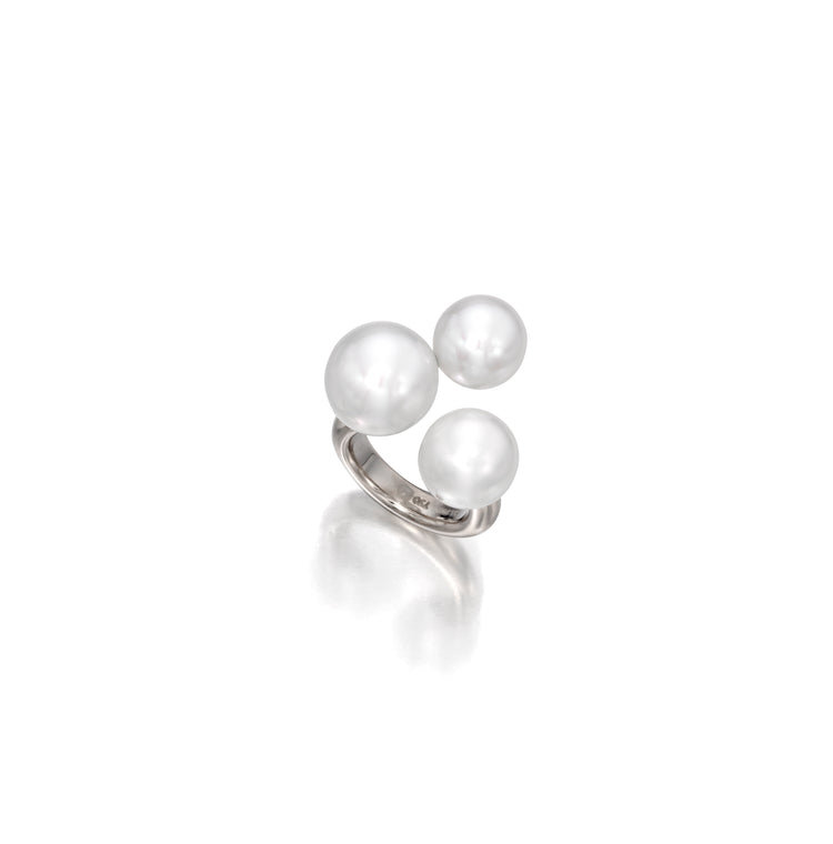 Open ring featuring three south sea cultured pearls on 18K white gold