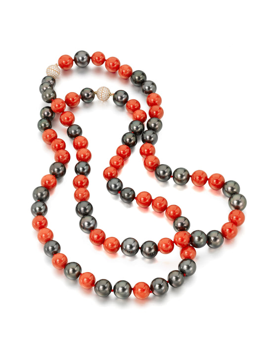 18.25" Sardinian Coral and Tahitian Natural Color Cultured Pearl Necklace