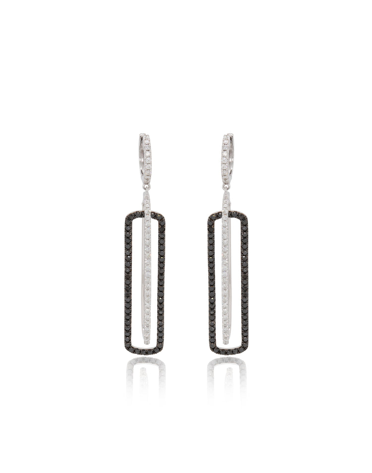14K white gold rectangle-shaped drop earrings embellished with black and white diamonds