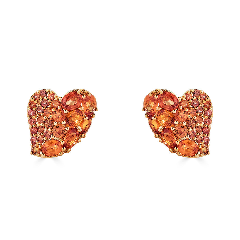 18K rose gold heart-shaped earrings with oval and round-cut orange sapphires