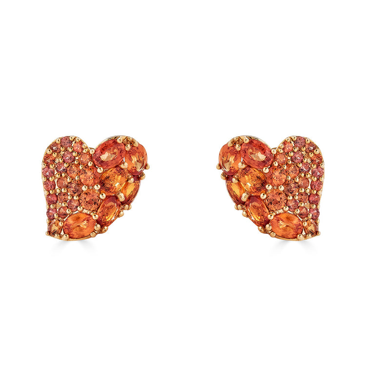 18K rose gold heart-shaped earrings with oval and round-cut orange sapphires