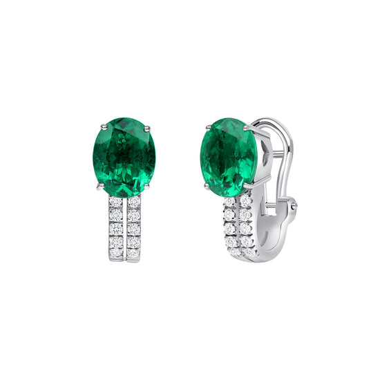 Oval Green Emerald and Diamond Melee Earrings