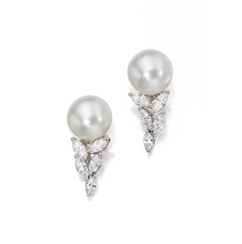 Platinum south sea pearl earrings with marquise-cut diamonds forming a leaf motif
