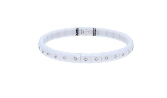 Stretch bracelet featuring white ceramic adorned with 30 round-cut white diamonds