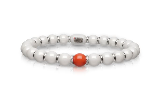 White ceramic beaded stretch bracelet with alternating 18K white gold rondelles adorned with a single coral bead