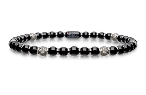 Stretch bracelet with high-shine black ceramic beads adorned with six diamond beads on 18K white gold