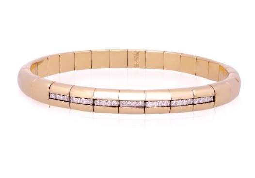 Gold links with seven inlaid bards adorned with round-cut diamonds on an 18K rose gold stretch bracelet