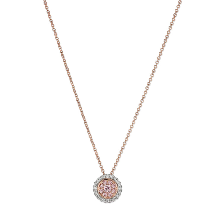 18-inch double halo necklace with a pendant adorned with argyle pink and white diamonds set on platinum and 18K pink gold