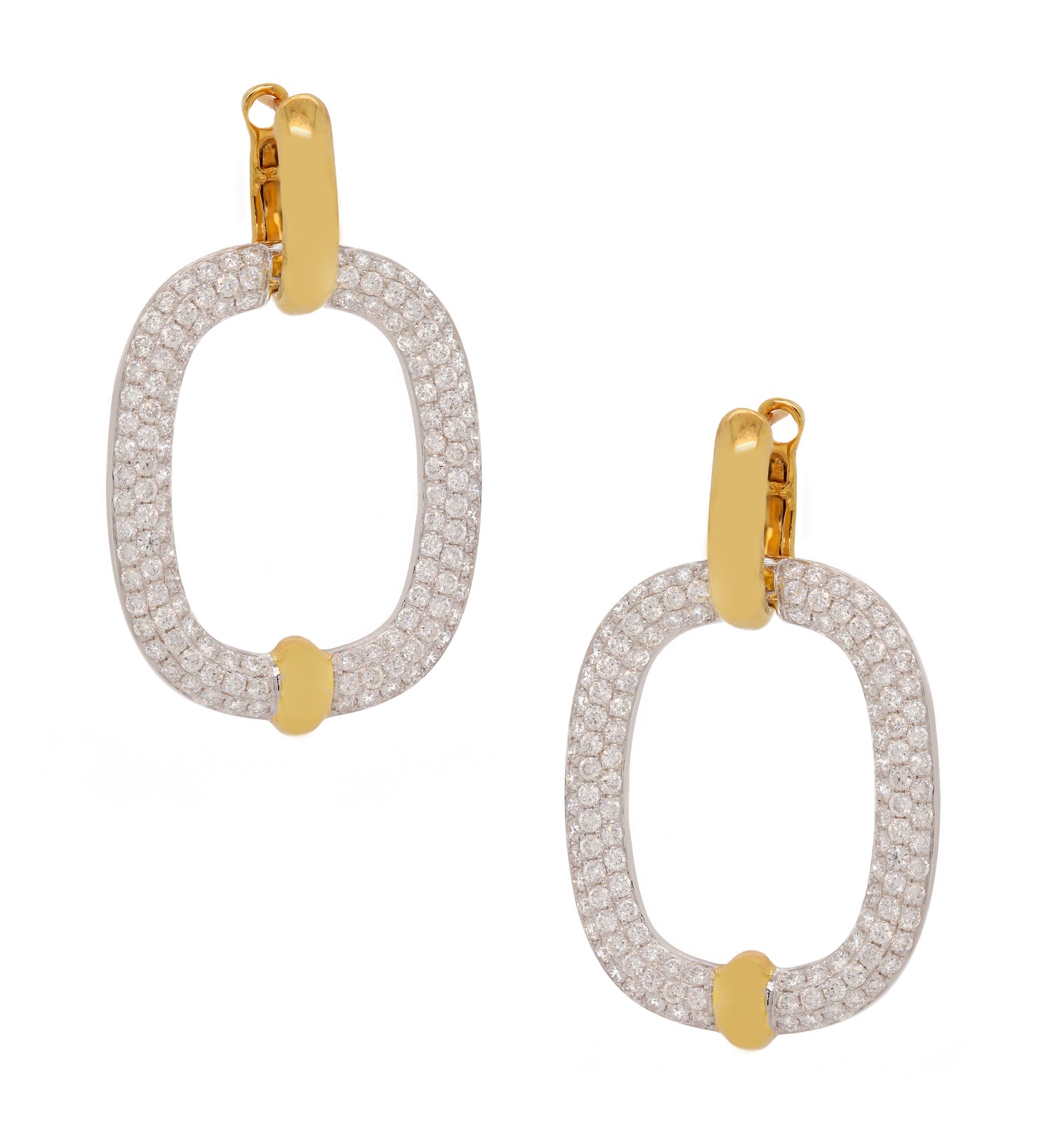 O-shaped 14K yellow gold drop earrings adorned with 2.44 carats of diamonds.