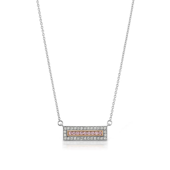 18-inch platinum chain with a bar pendant adorned with argyle pink and white diamonds and 18K rose gold accent