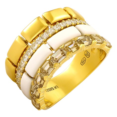 Etho Maria Hand-Carved Ceramic Brown and White Diamond Yellow Mosaic Multirow Ring