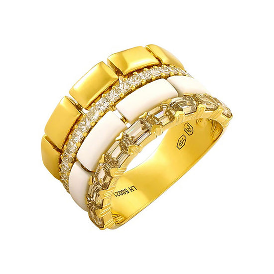 Etho Maria Hand-Carved Ceramic Brown and White Diamond Yellow Mosaic Multirow Ring