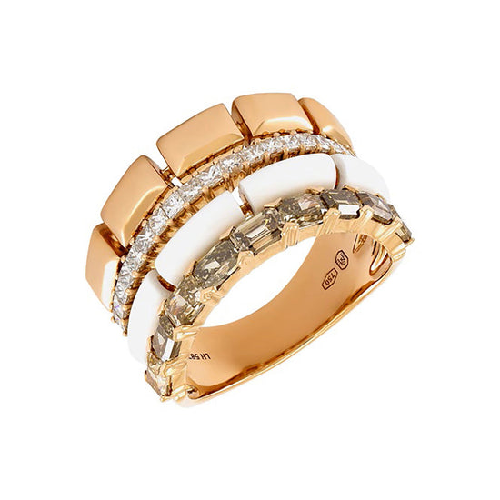 Etho Maria Hand-Carved Ceramic Brown and White Diamond Pink Mosaic Multirow Ring