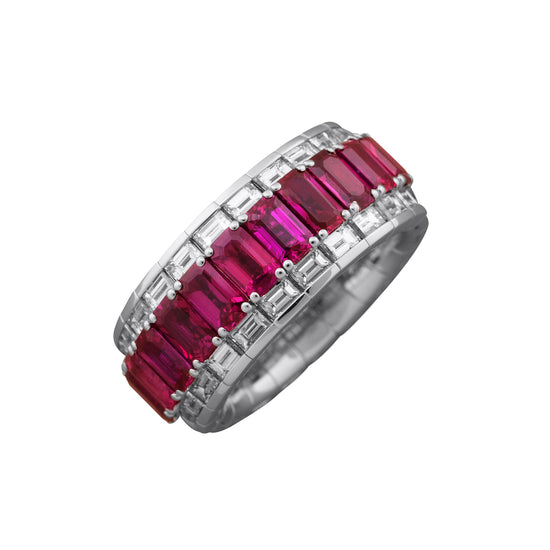 Picchiotti Xpandable™ 6.02CT Three Row Ruby and Diamond Mixed Cut Channel Set Half Way Eternity Ring