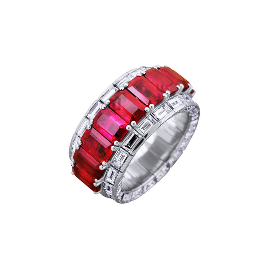Picchiotti Xpandable™ 9.32CT Three Row Ruby and Diamond Mixed Cut Channel Set Half Way Eternity Ring