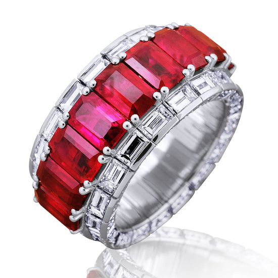 Picchiotti Xpandable™ 9.32CT Three Row Ruby and Diamond Mixed Cut Channel Set Half Way Eternity Ring