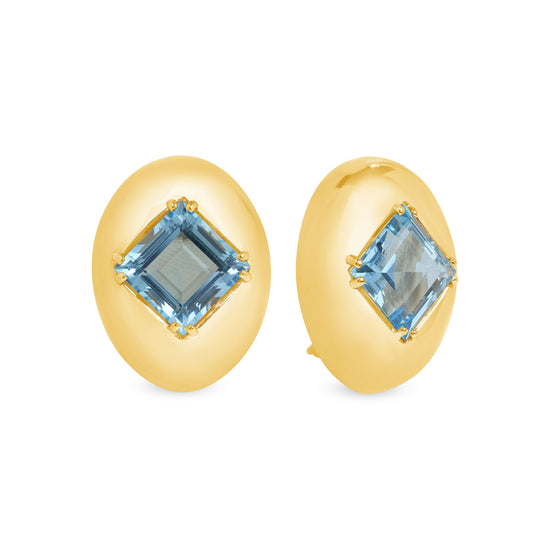 Gold oval studs with square 11.50 ct aquamarine embellishments in the center
