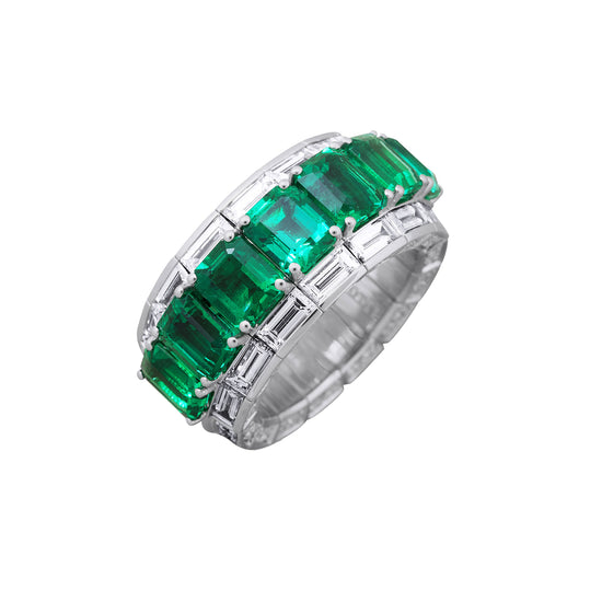 Picchiotti Xpandable™ 11.88CT Three Row Emerald and Diamond Mixed Cut Channel Set Half Way Eternity Ring