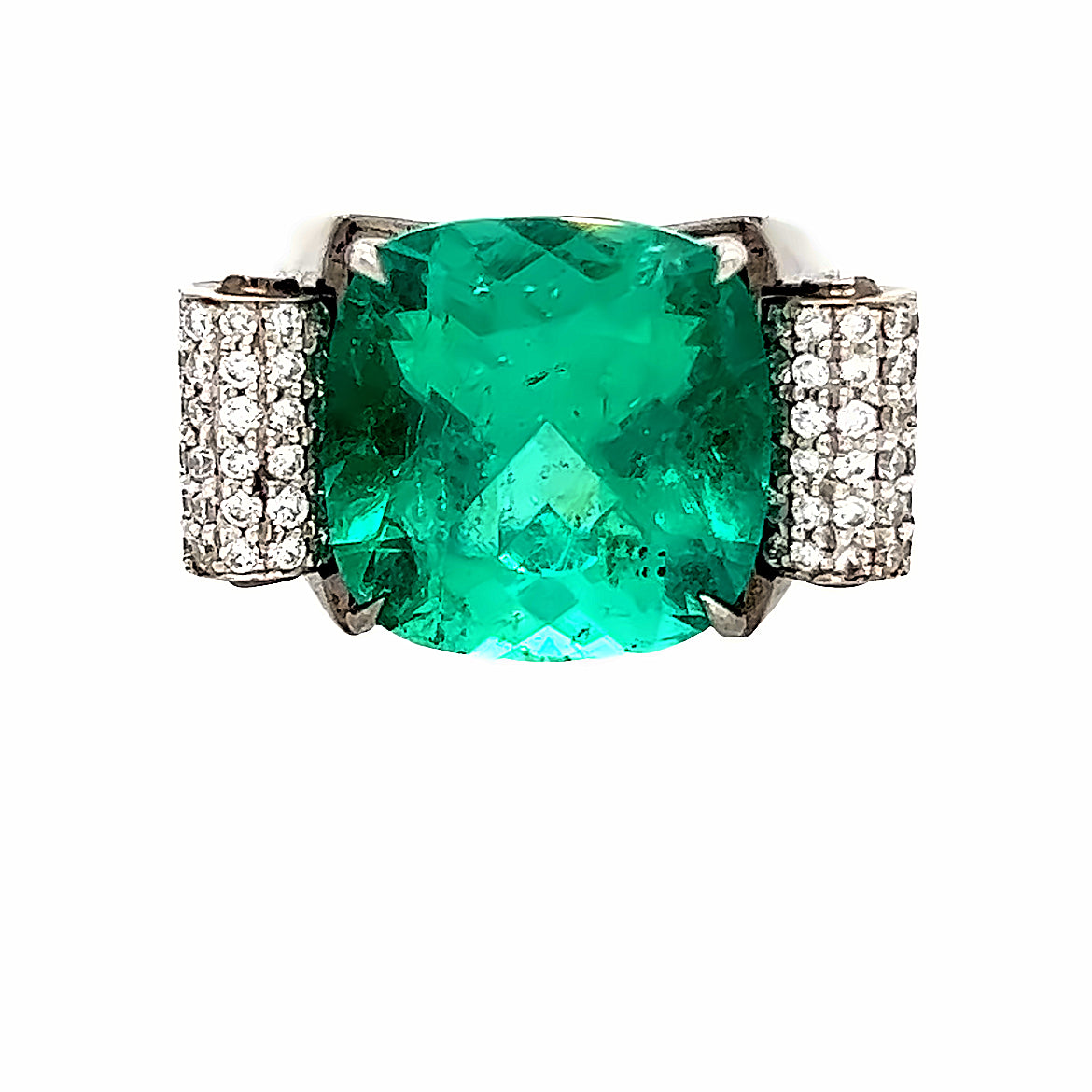 Close up view of the front of the cushion cut emerald engagement ring. The center stone is 10.66 carats. 