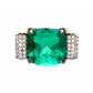 Close up view of the front of the cushion cut emerald engagement ring. The center stone is 10.66 carats. 