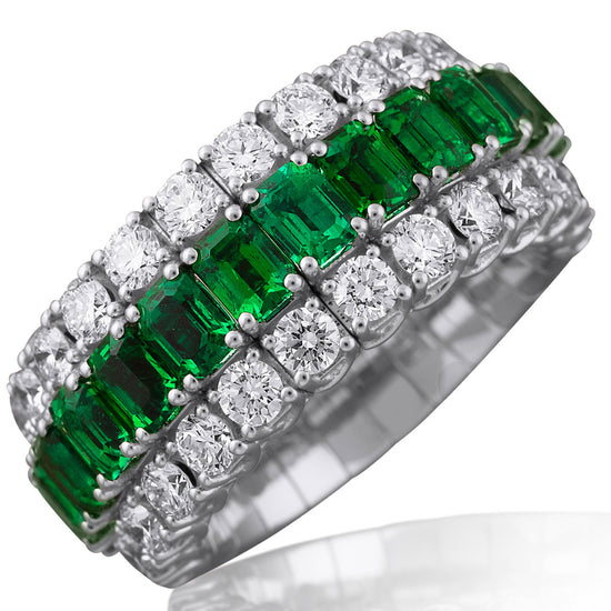 Picchiotti Xpandable™ 4.29CT Three Row Emerald and Diamond Mixed Cut Half Way Eternity Ring